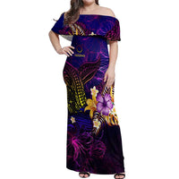 Cook Islands Off Shoulder Maxi Dress Whale Hibiscus Polynesian DT02 Women Purple - Polynesian Pride