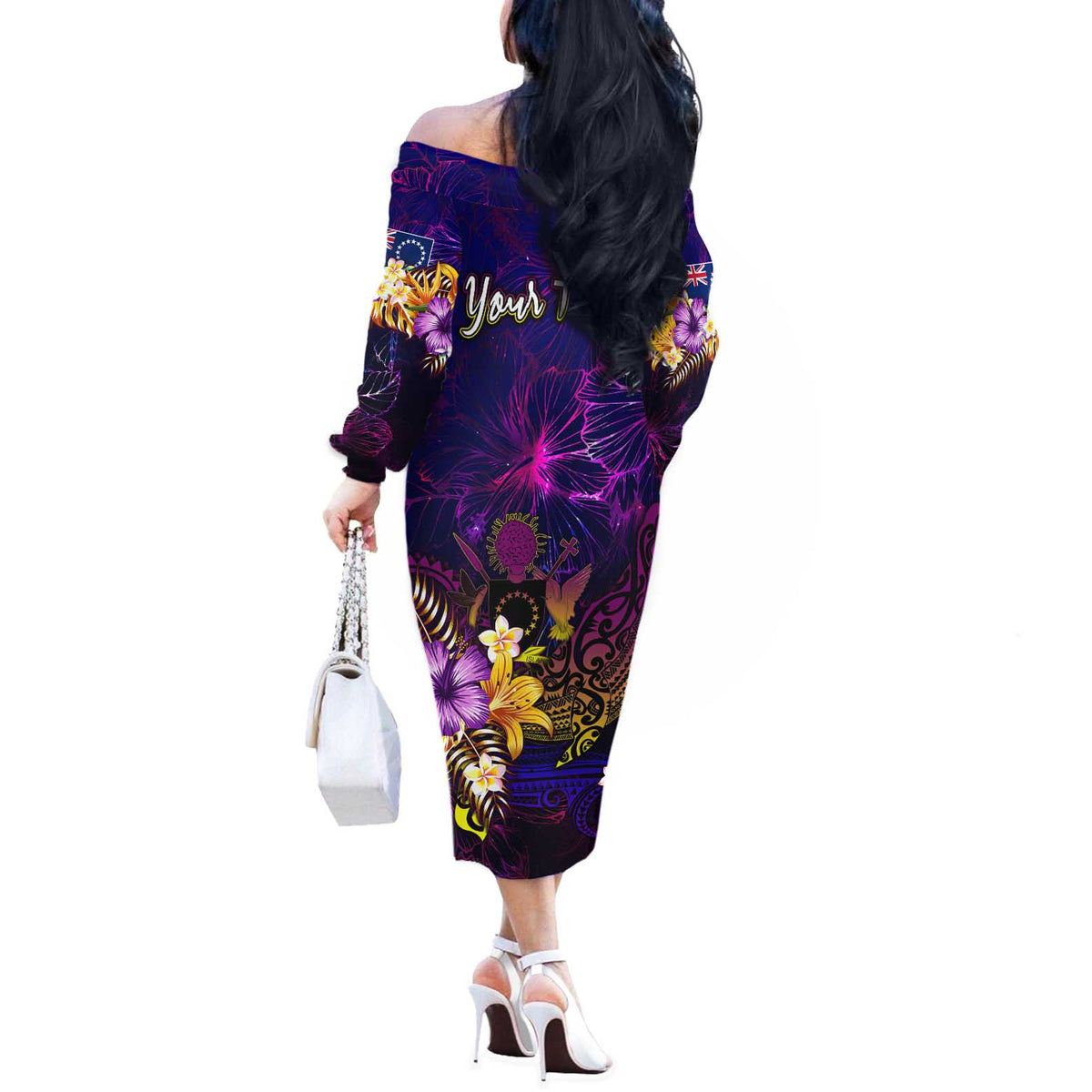 Cook Islands Off The Shoulder Long Sleeve Dress Whale Hibiscus Polynesian DT02 - Polynesian Pride