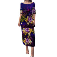Cook Islands Puletasi Whale Hibiscus Polynesian DT02 Long Dress Purple - Polynesian Pride