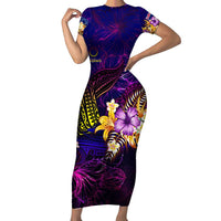 Cook Islands Short Sleeve Bodycon Dress Whale Hibiscus Polynesian DT02 Long Dress Purple - Polynesian Pride