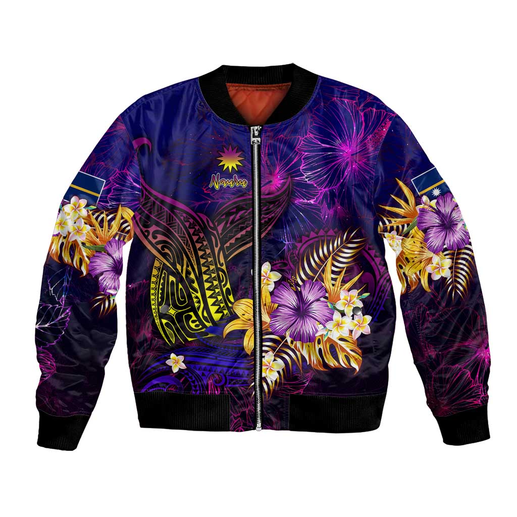 Nauru Bomber Jacket Whale Hibiscus Polynesian DT02 Unisex Purple - Polynesian Pride