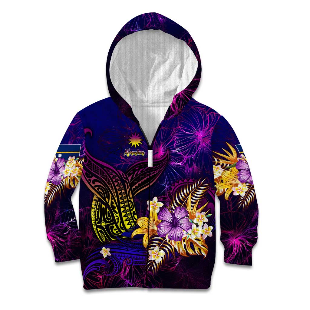 Nauru Kid Hoodie Whale Hibiscus Polynesian DT02 Zip Hoodie Purple - Polynesian Pride
