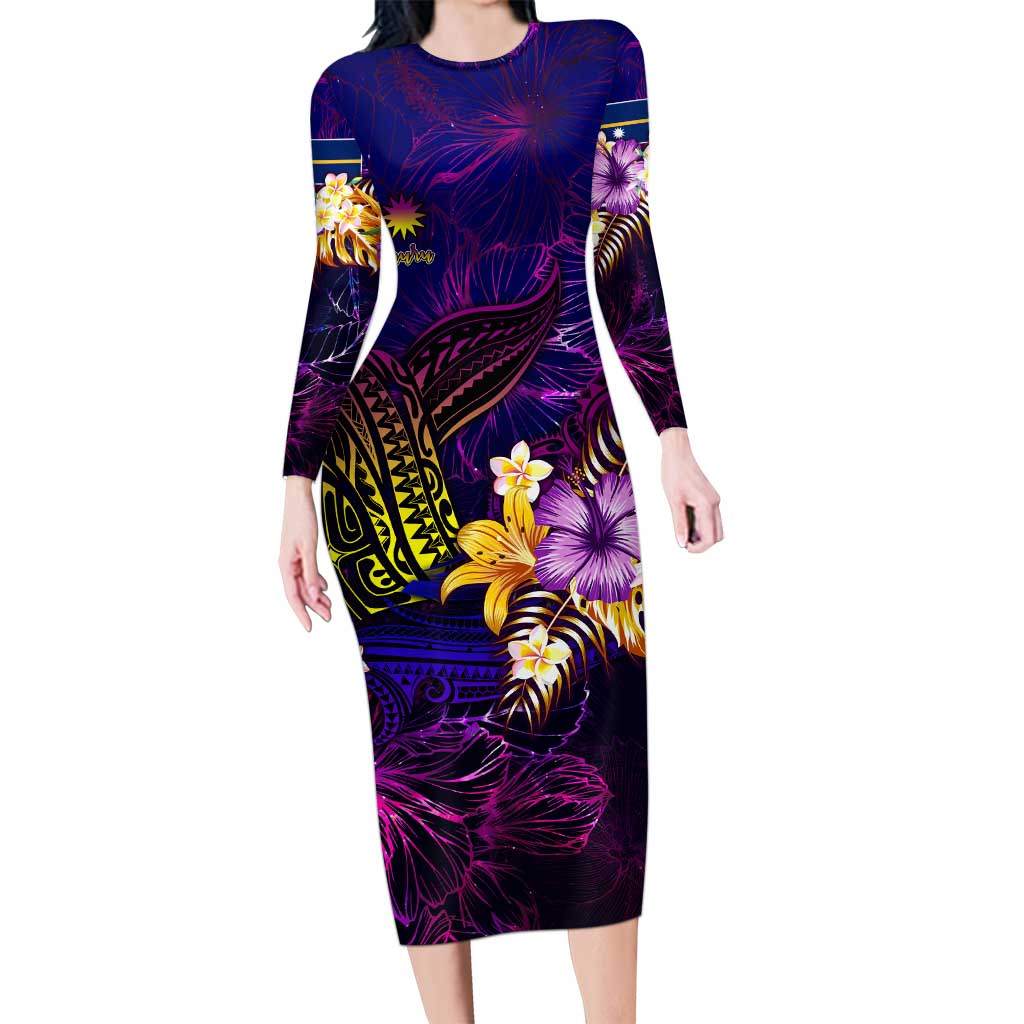 Nauru Long Sleeve Bodycon Dress Whale Hibiscus Polynesian DT02 Long Dress Purple - Polynesian Pride