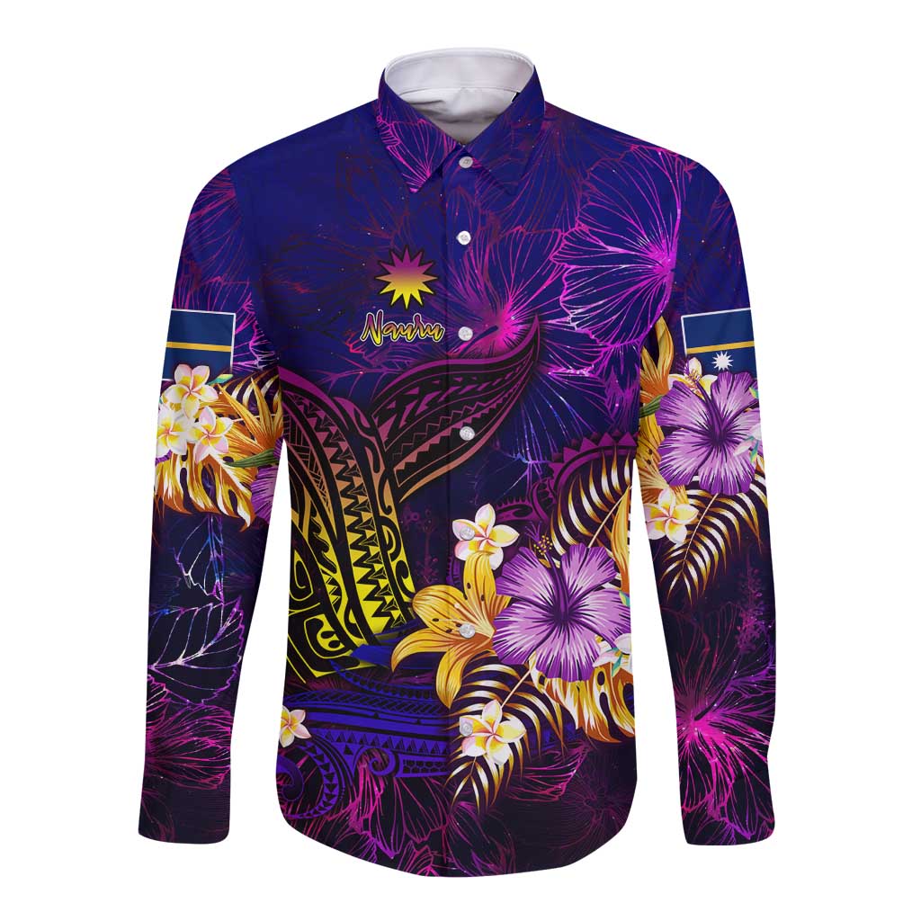 Nauru Long Sleeve Button Shirt Whale Hibiscus Polynesian DT02 Unisex Purple - Polynesian Pride