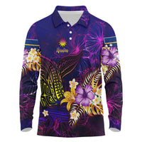 Nauru Long Sleeve Polo Shirt Whale Hibiscus Polynesian DT02 Purple - Polynesian Pride