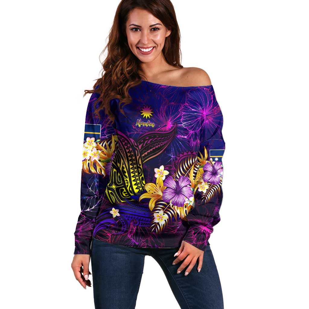 Nauru Off Shoulder Sweater Whale Hibiscus Polynesian DT02 Women Purple - Polynesian Pride