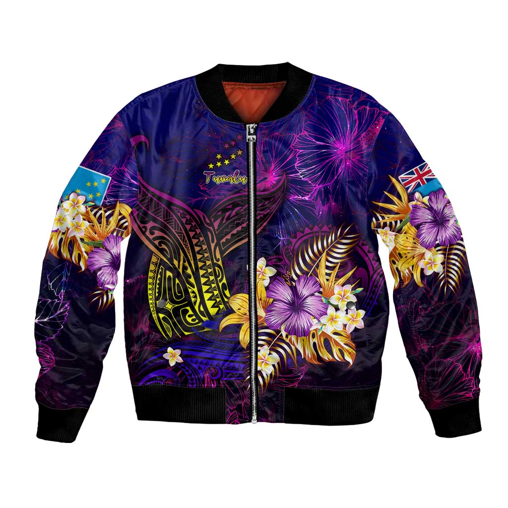 Tuvalu Bomber Jacket Whale Hibiscus Polynesian DT02 Unisex Purple - Polynesian Pride