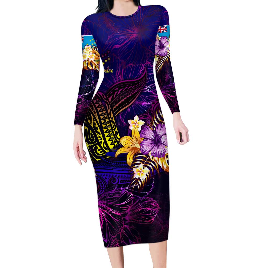 Tuvalu Long Sleeve Bodycon Dress Whale Hibiscus Polynesian DT02 Long Dress Purple - Polynesian Pride