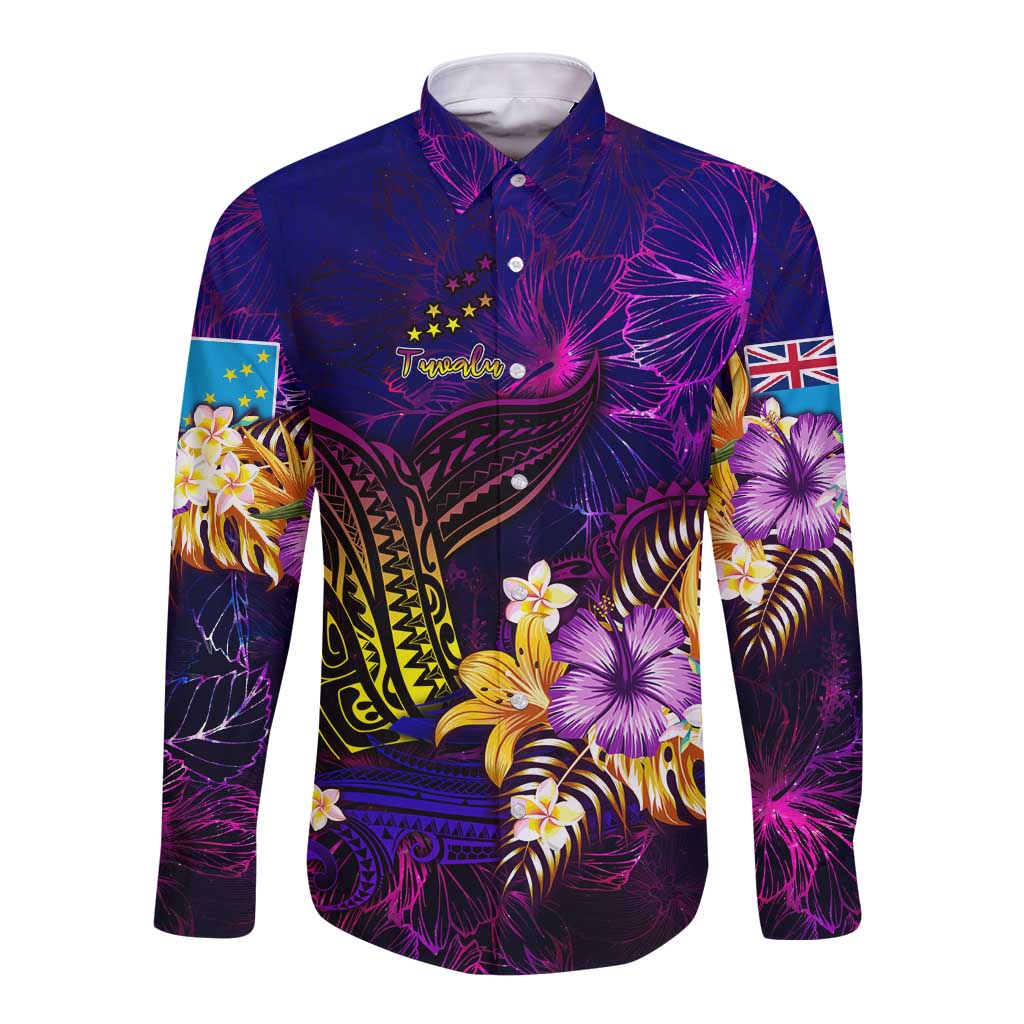 Tuvalu Long Sleeve Button Shirt Whale Hibiscus Polynesian DT02 Unisex Purple - Polynesian Pride