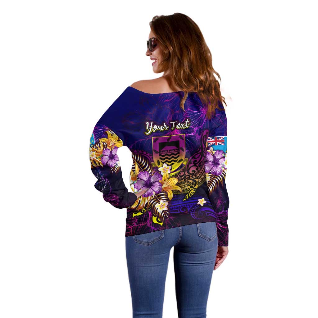Tuvalu Off Shoulder Sweater Whale Hibiscus Polynesian DT02 - Polynesian Pride