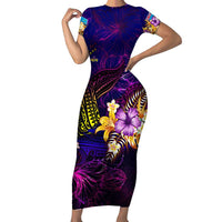 Tuvalu Short Sleeve Bodycon Dress Whale Hibiscus Polynesian DT02 Long Dress Purple - Polynesian Pride