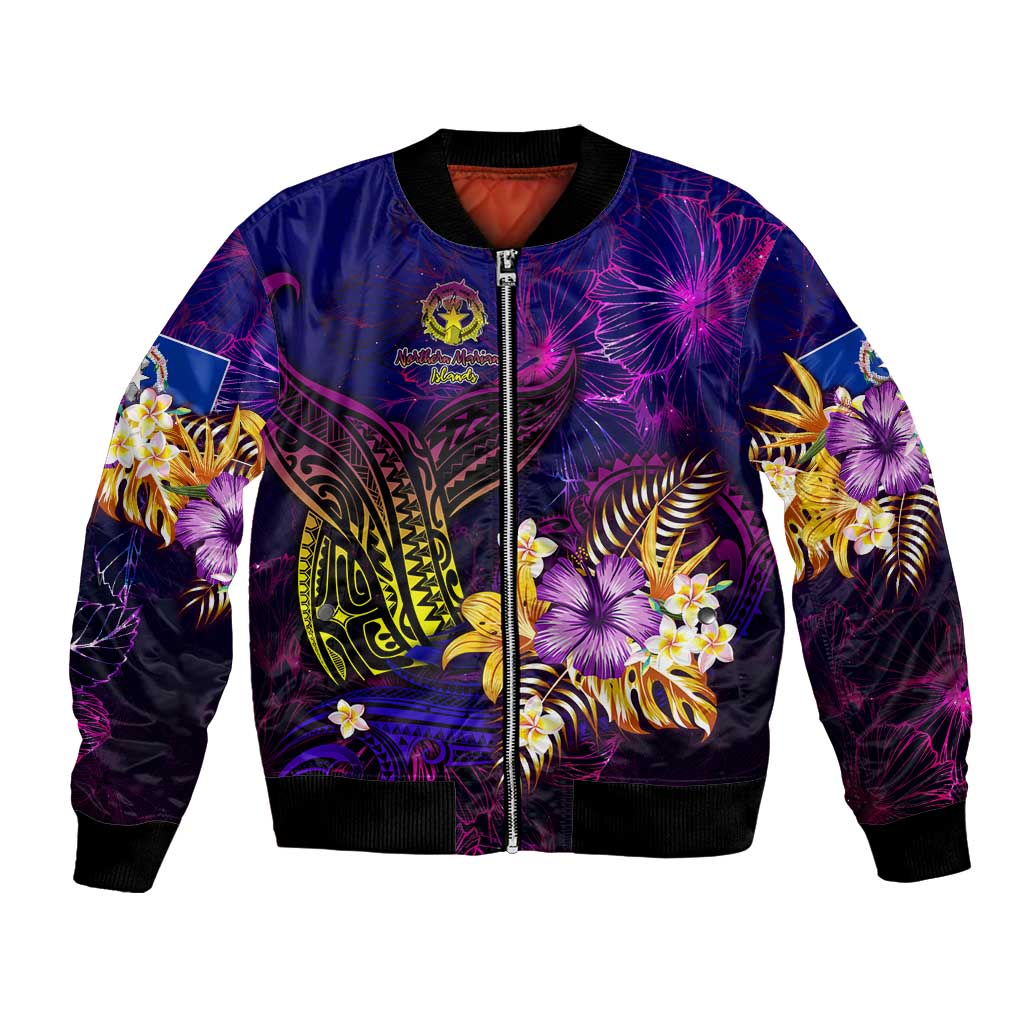 Northern Mariana Islands Bomber Jacket Whale Hibiscus Polynesian DT02 Unisex Purple - Polynesian Pride
