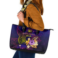 Northern Mariana Islands Leather Tote Bag Whale Hibiscus Polynesian DT02 Purple - Polynesian Pride