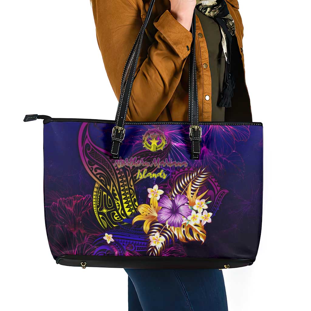 Northern Mariana Islands Leather Tote Bag Whale Hibiscus Polynesian DT02 - Polynesian Pride