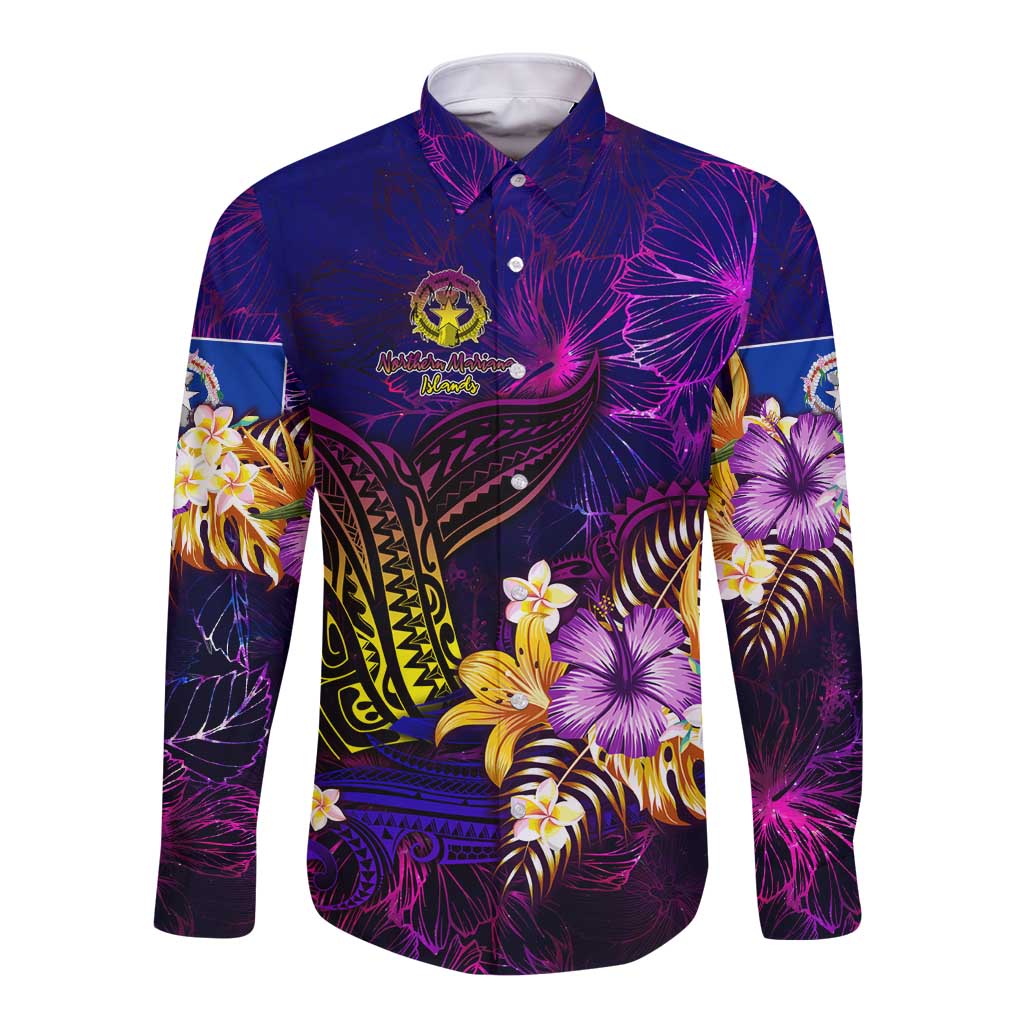 Northern Mariana Islands Long Sleeve Button Shirt Whale Hibiscus Polynesian DT02 Unisex Purple - Polynesian Pride