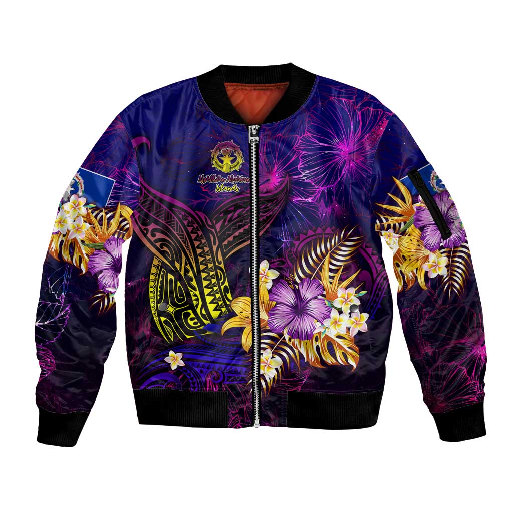 Northern Mariana Islands Sleeve Zip Bomber Jacket Whale Hibiscus Polynesian DT02 Unisex Purple - Polynesian Pride