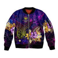 Northern Mariana Islands Sleeve Zip Bomber Jacket Whale Hibiscus Polynesian DT02 Unisex Purple - Polynesian Pride