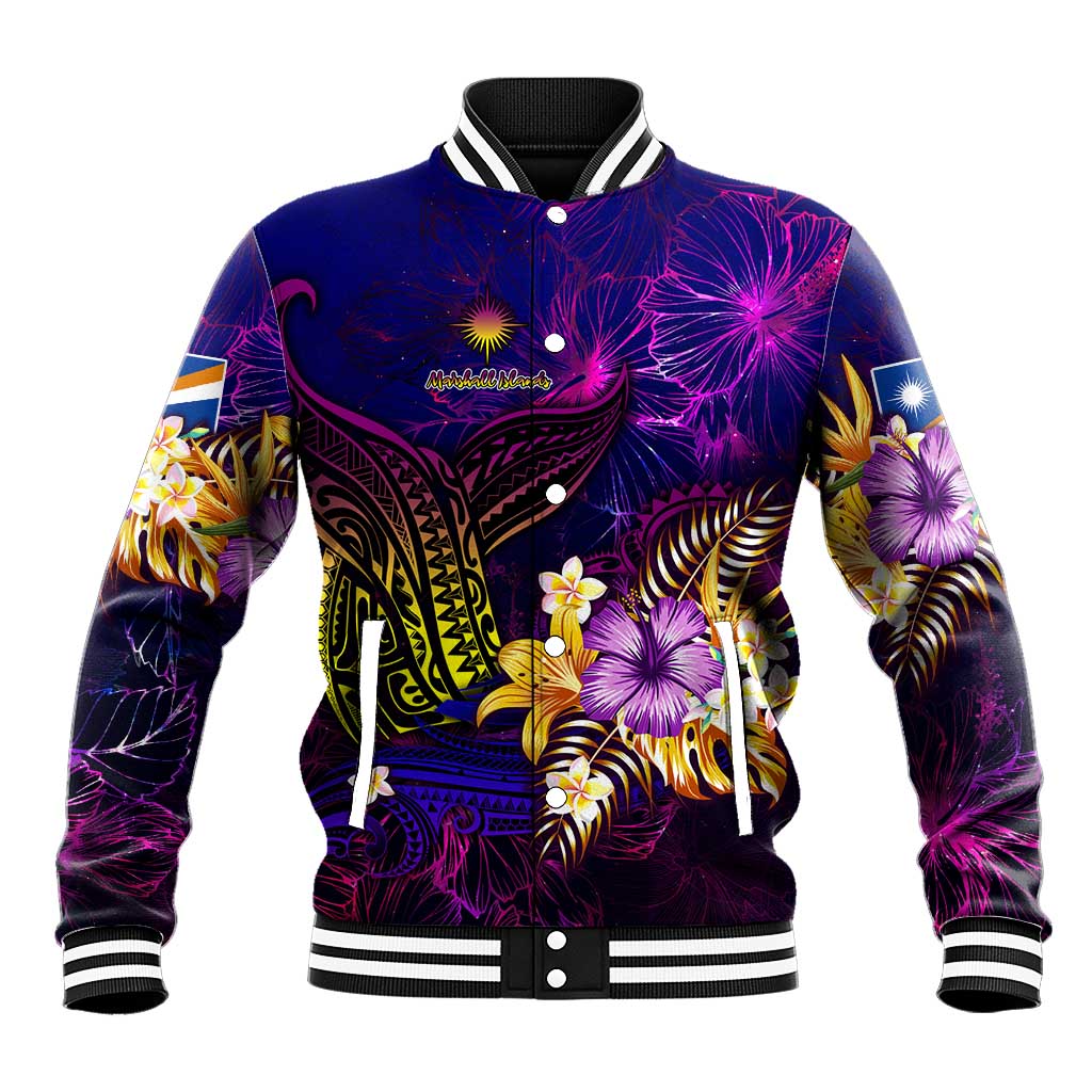 Marshall Islands Baseball Jacket Whale Hibiscus Polynesian DT02 Unisex Purple - Polynesian Pride