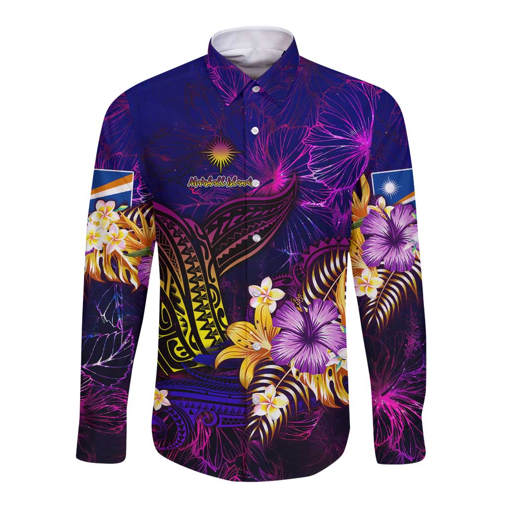 Marshall Islands Long Sleeve Button Shirt Whale Hibiscus Polynesian DT02 Unisex Purple - Polynesian Pride