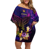 Marshall Islands Off Shoulder Short Dress Whale Hibiscus Polynesian DT02 Women Purple - Polynesian Pride