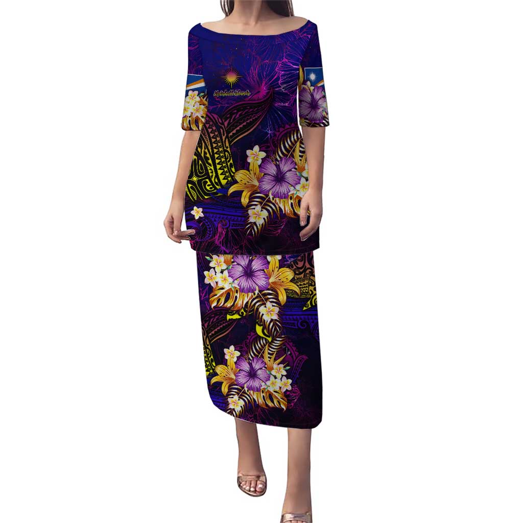 Marshall Islands Puletasi Whale Hibiscus Polynesian DT02 Long Dress Purple - Polynesian Pride
