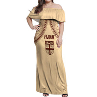 Fiji Bula Off Shoulder Maxi Dress Tapa Pattern Design DT02 Women Beige - Polynesian Pride