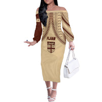 Fiji Bula Off The Shoulder Long Sleeve Dress Tapa Pattern Design DT02 Women Beige - Polynesian Pride