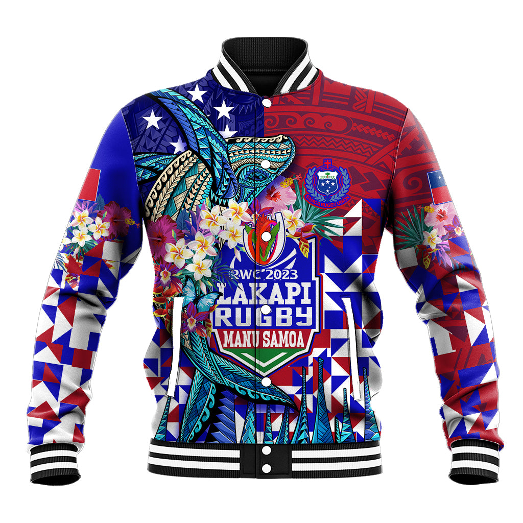 Manu Samoa Rugby 2023 Baseball Jacket Humpback Whale Hexagon Tribal Tropical Style DT02 Unisex Blue - Polynesian Pride