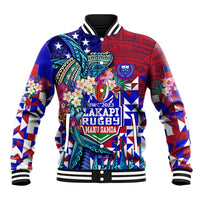 Manu Samoa Rugby 2023 Baseball Jacket Humpback Whale Hexagon Tribal Tropical Style DT02 Unisex Blue - Polynesian Pride