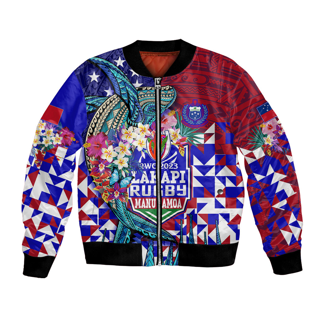 Manu Samoa Rugby 2023 Bomber Jacket Humpback Whale Hexagon Tribal Tropical Style DT02 Unisex Blue - Polynesian Pride