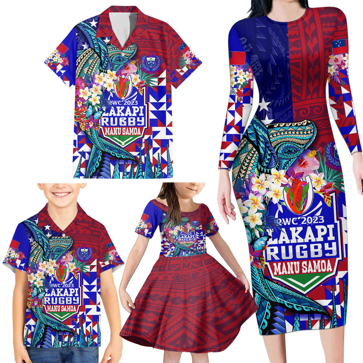 manu-samoa-rugby-2023-family-matching-long-sleeve-bodycon-dress-and-hawaiian-shirt-humpback-whale-hexagon-tribal-tropical-style