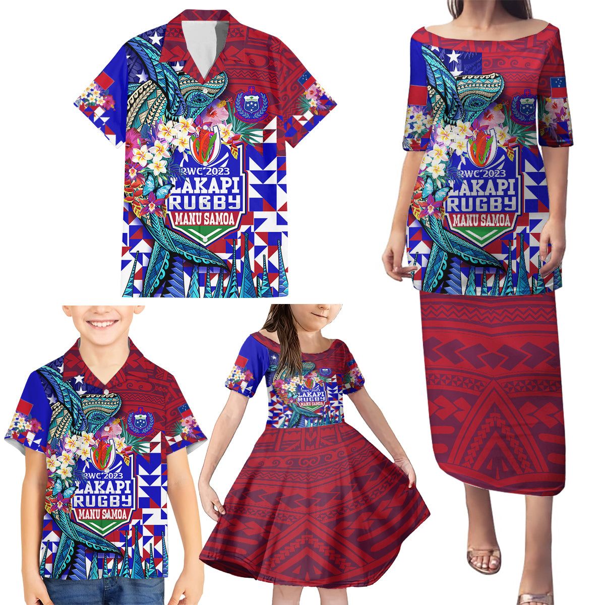 Manu Samoa Rugby 2023 Family Matching Puletasi Dress and Hawaiian Shirt Humpback Whale Hexagon Tribal Tropical Style DT02 - Polynesian Pride