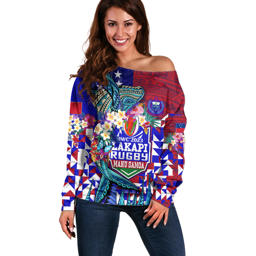 Manu Samoa Rugby 2023 Off Shoulder Sweater Humpback Whale Hexagon Tribal Tropical Style DT02 Women Blue - Polynesian Pride