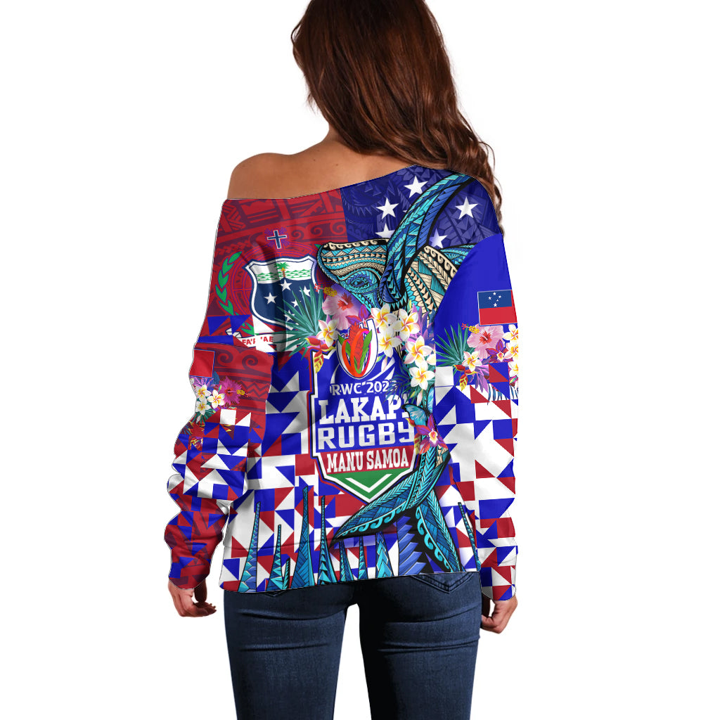 Manu Samoa Rugby 2023 Off Shoulder Sweater Humpback Whale Hexagon Tribal Tropical Style DT02 - Polynesian Pride