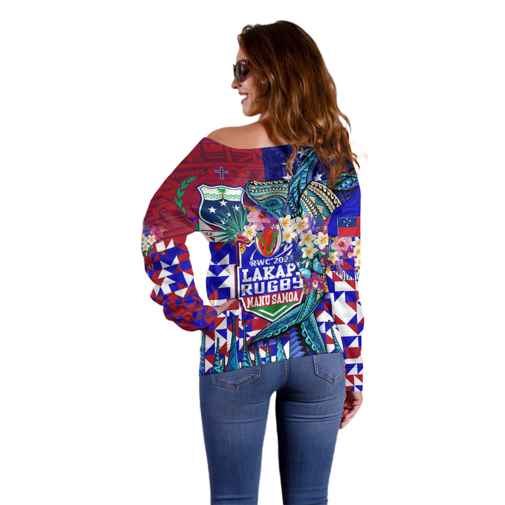 Manu Samoa Rugby 2023 Off Shoulder Sweater Humpback Whale Hexagon Tribal Tropical Style DT02 - Polynesian Pride