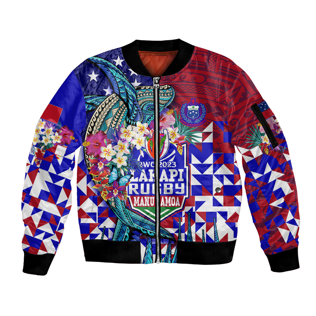 Manu Samoa Rugby 2023 Sleeve Zip Bomber Jacket Humpback Whale Hexagon Tribal Tropical Style DT02 Unisex Blue - Polynesian Pride