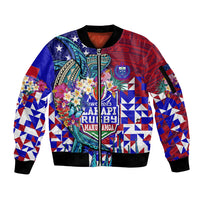 Manu Samoa Rugby 2023 Sleeve Zip Bomber Jacket Humpback Whale Hexagon Tribal Tropical Style DT02 Unisex Blue - Polynesian Pride
