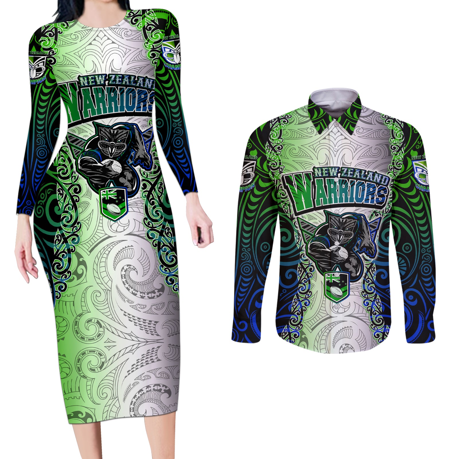 Personalised New Zealand Warriors Couples Matching Long Sleeve Bodycon Dress and Long Sleeve Button Shirt Maori Silver Fern Green DT02 Green - Polynesian Pride