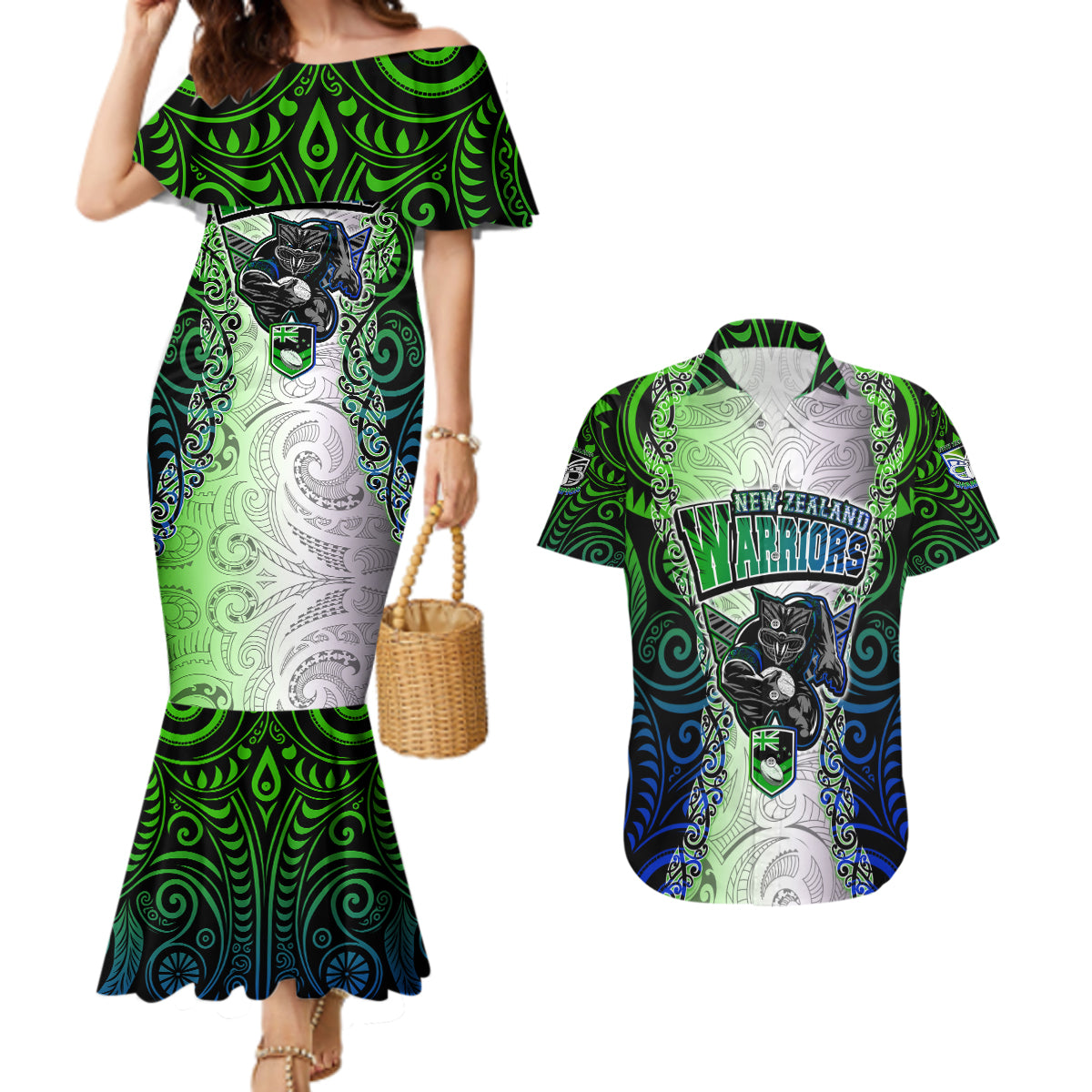 Personalised New Zealand Warriors Couples Matching Mermaid Dress and Hawaiian Shirt Maori Silver Fern Green DT02 Green - Polynesian Pride