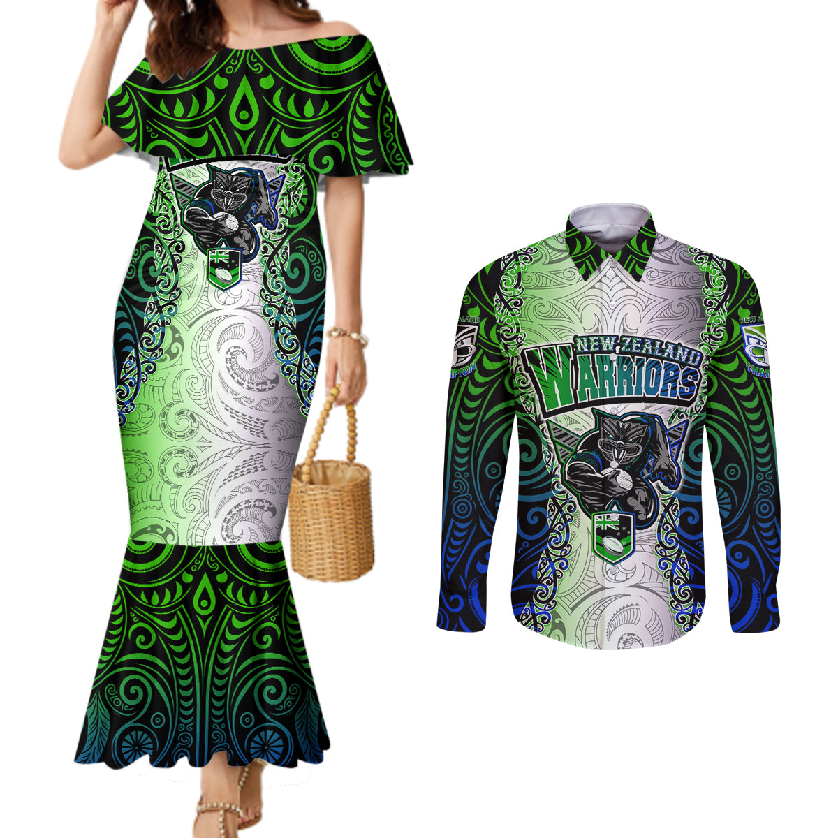 Personalised New Zealand Warriors Couples Matching Mermaid Dress and Long Sleeve Button Shirt Maori Silver Fern Green DT02 Green - Polynesian Pride