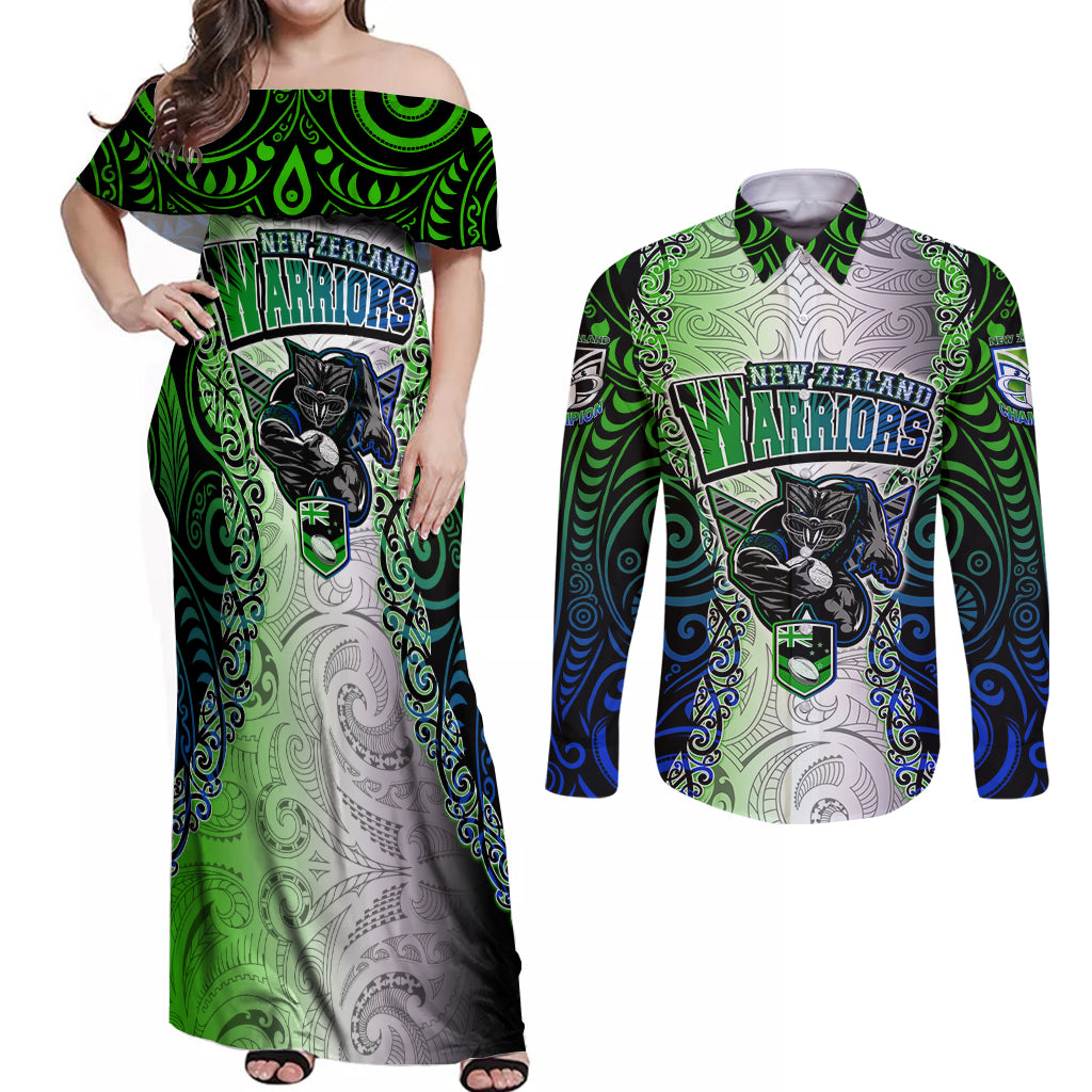 Personalised New Zealand Warriors Couples Matching Off Shoulder Maxi Dress and Long Sleeve Button Shirt Maori Silver Fern Green DT02 Green - Polynesian Pride