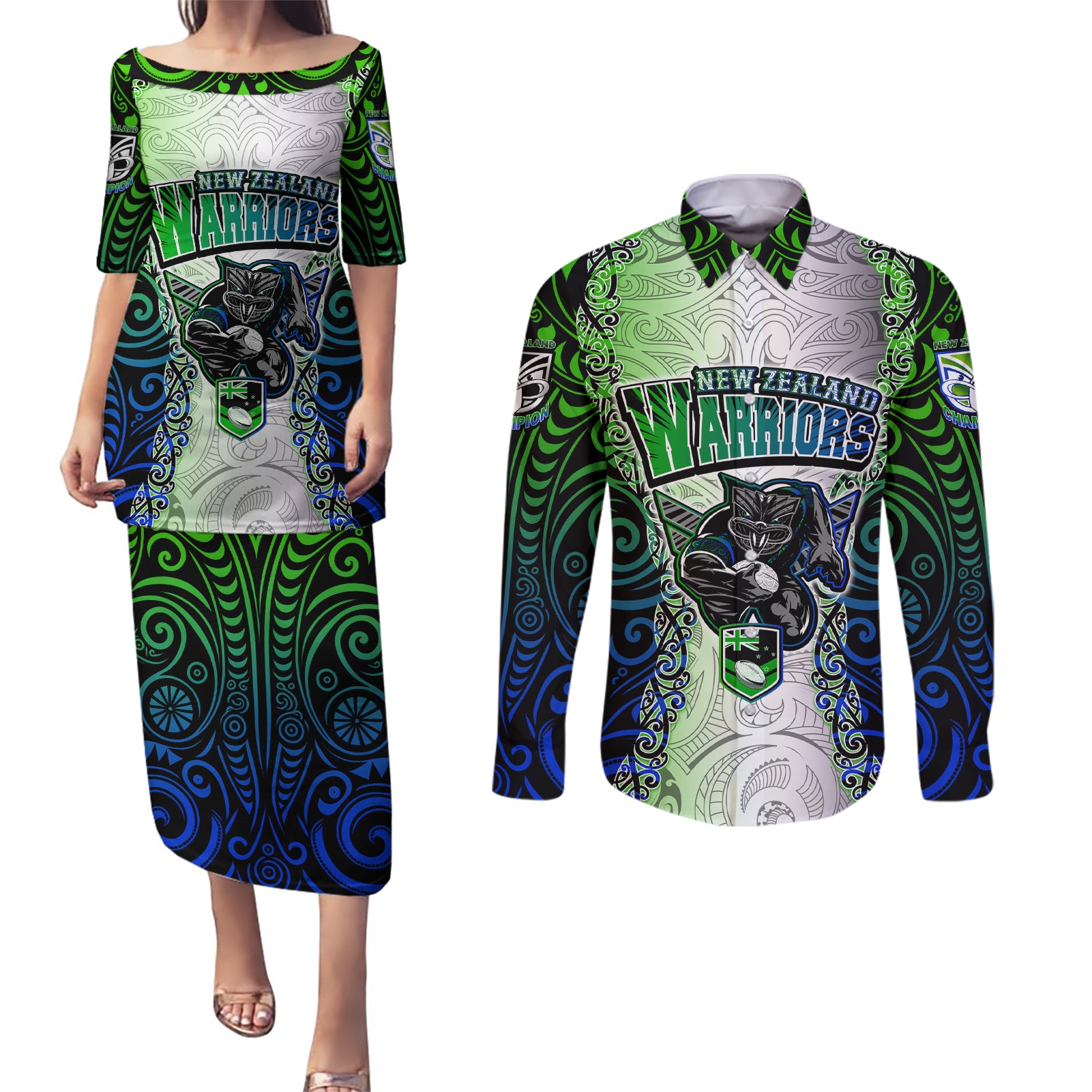 Personalised New Zealand Warriors Couples Matching Puletasi Dress and Long Sleeve Button Shirt Maori Silver Fern Green DT02 Green - Polynesian Pride