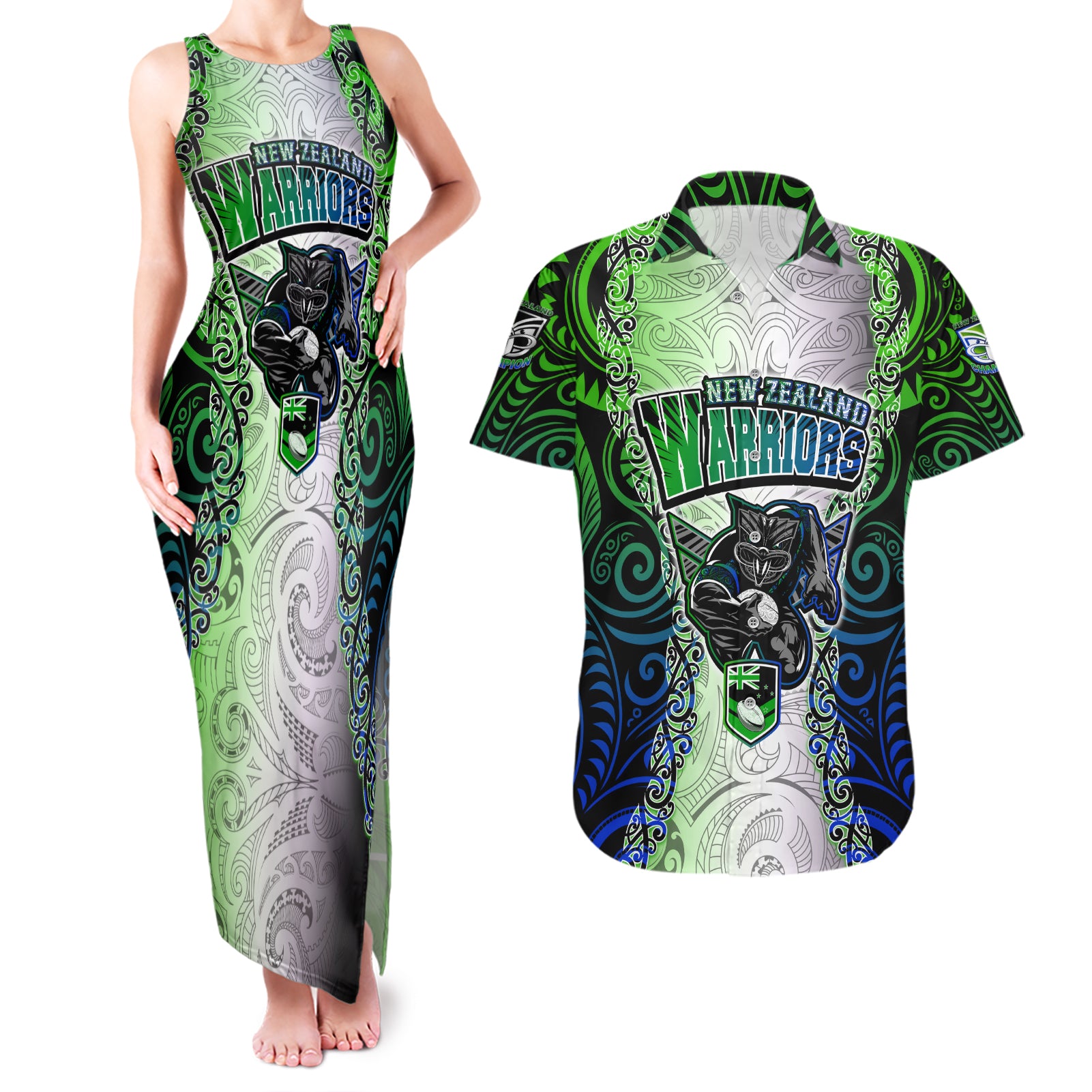 Personalised New Zealand Warriors Couples Matching Tank Maxi Dress and Hawaiian Shirt Maori Silver Fern Green DT02 Green - Polynesian Pride