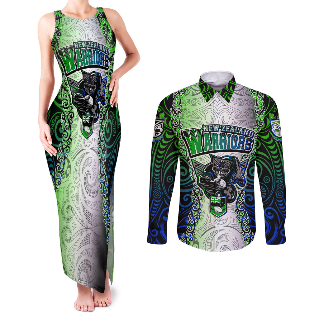 Personalised New Zealand Warriors Couples Matching Tank Maxi Dress and Long Sleeve Button Shirt Maori Silver Fern Green DT02 Green - Polynesian Pride