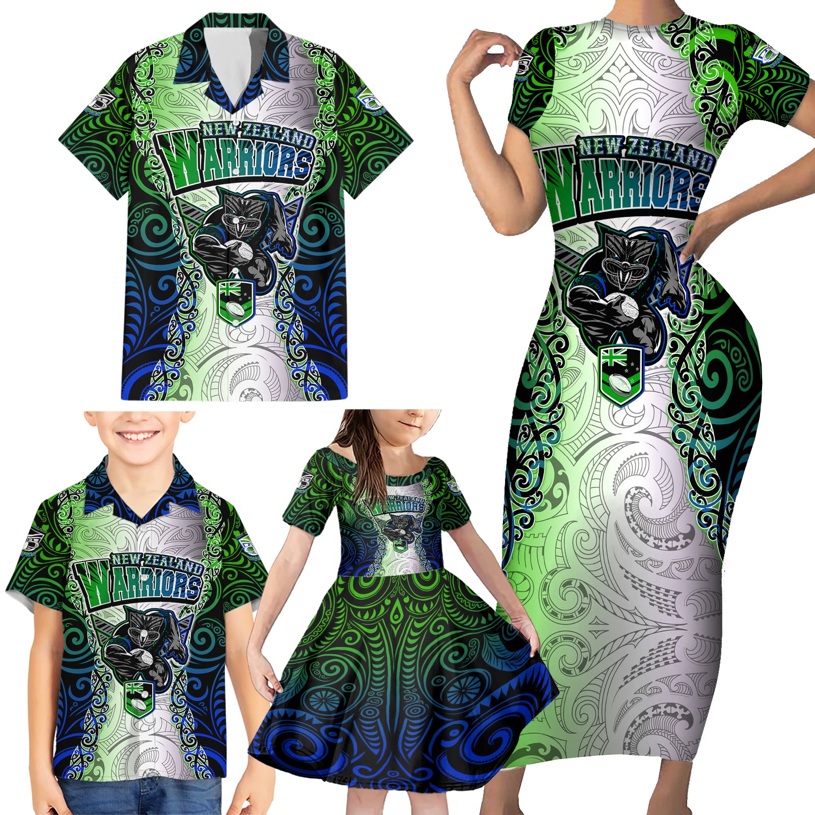 Personalised New Zealand Warriors Family Matching Short Sleeve Bodycon Dress and Hawaiian Shirt Maori Silver Fern Green DT02 - Polynesian Pride