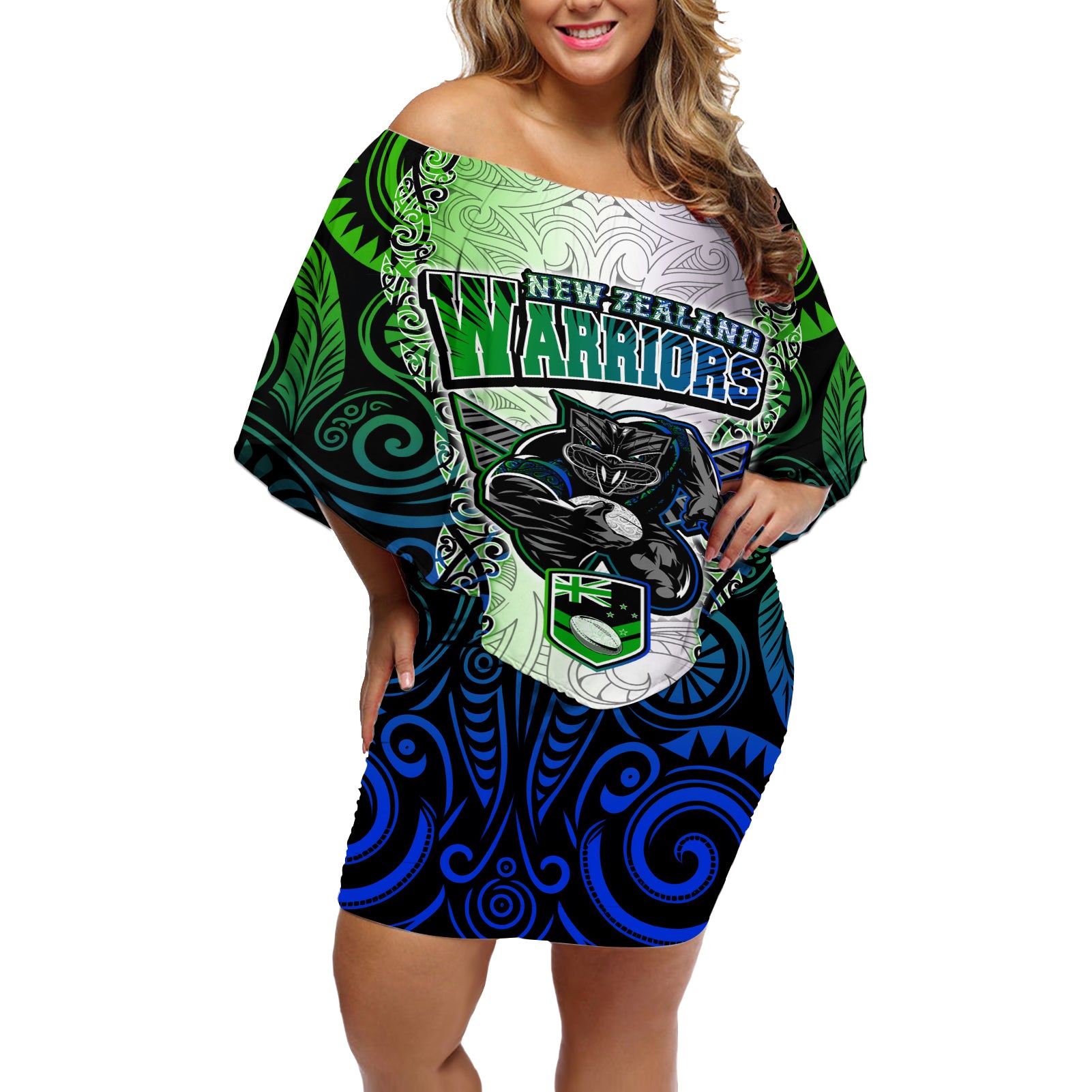 Personalised New Zealand Warriors Off Shoulder Short Dress Maori Silver Fern Green DT02 Women Green - Polynesian Pride