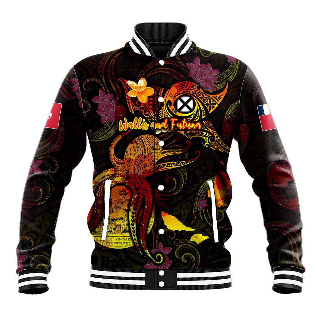Wallis and Futuna Baseball Jacket Octopus Plumeria Polynesian Tattoo DT02 Unisex Black - Polynesian Pride