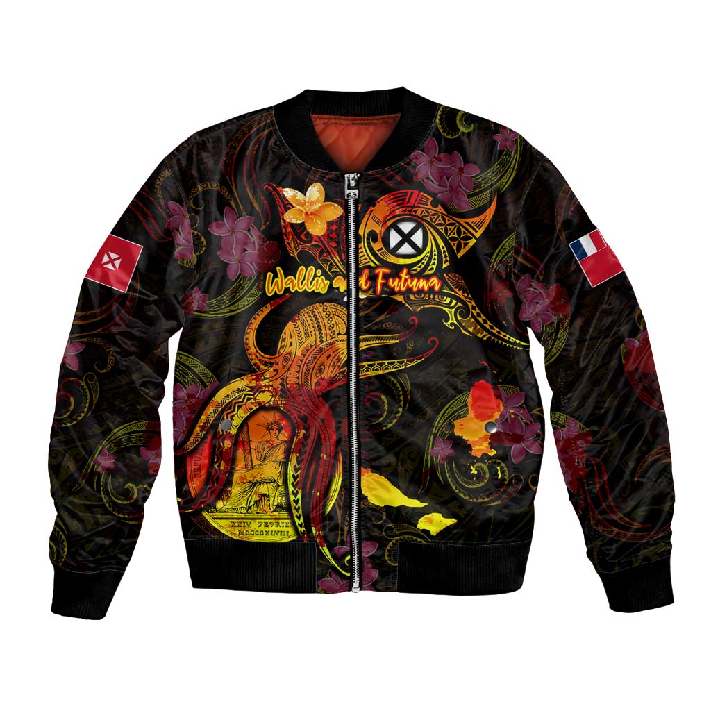 Wallis and Futuna Bomber Jacket Octopus Plumeria Polynesian Tattoo DT02 Unisex Black - Polynesian Pride