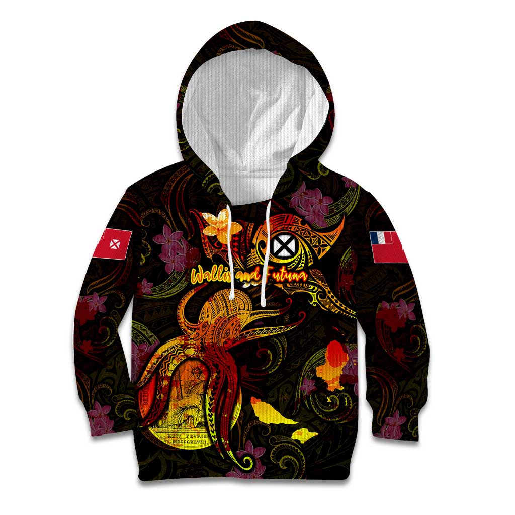 Wallis and Futuna Kid Hoodie Octopus Plumeria Polynesian Tattoo DT02 Hoodie Black - Polynesian Pride