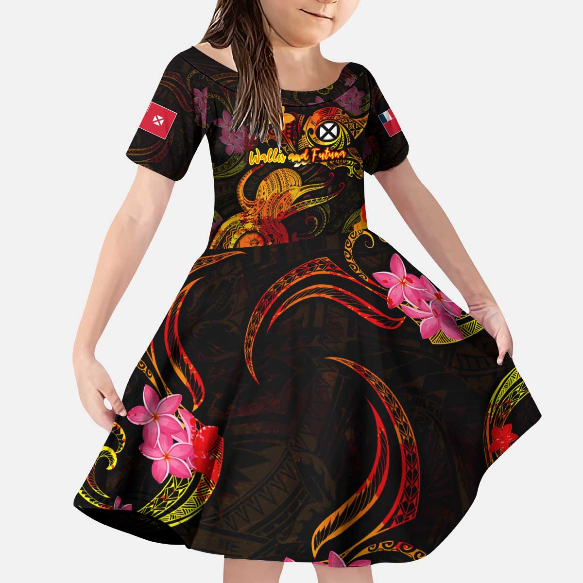 Wallis and Futuna Kid Short Sleeve Dress Octopus Plumeria Polynesian Tattoo DT02 KID Black - Polynesian Pride